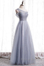 Gray One Shoulder Tulle Long Prom Dress Gray Tulle Evening Dress