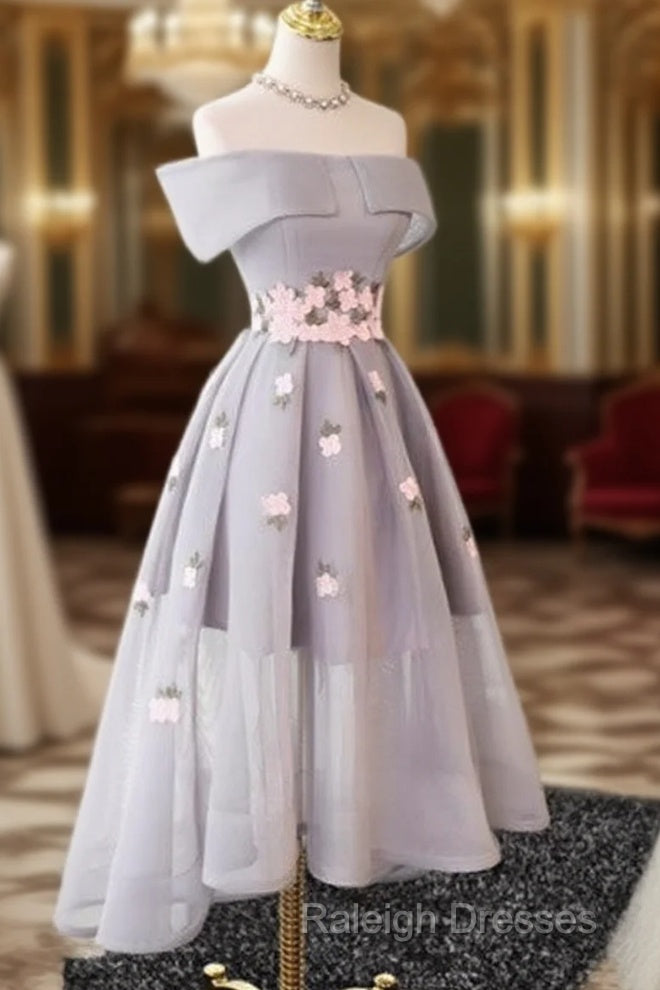 Gray Organza Hight-Low Prom Dress, Gray Bridesmaid Dress