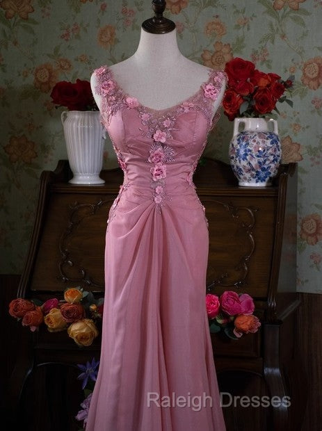 Gray Pink Retro Mermaid V-Neck Chiffon Beaded Long Prom Dress Sweet Applique Birthday Dress