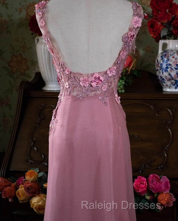 Gray Pink Retro Mermaid V-Neck Chiffon Beaded Prom Dresses Long Sweet Applique Birthday Dresses