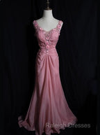 Gray Pink Retro Mermaid V-Neck Chiffon Beaded Long Prom Dress Sweet Applique Birthday Dress
