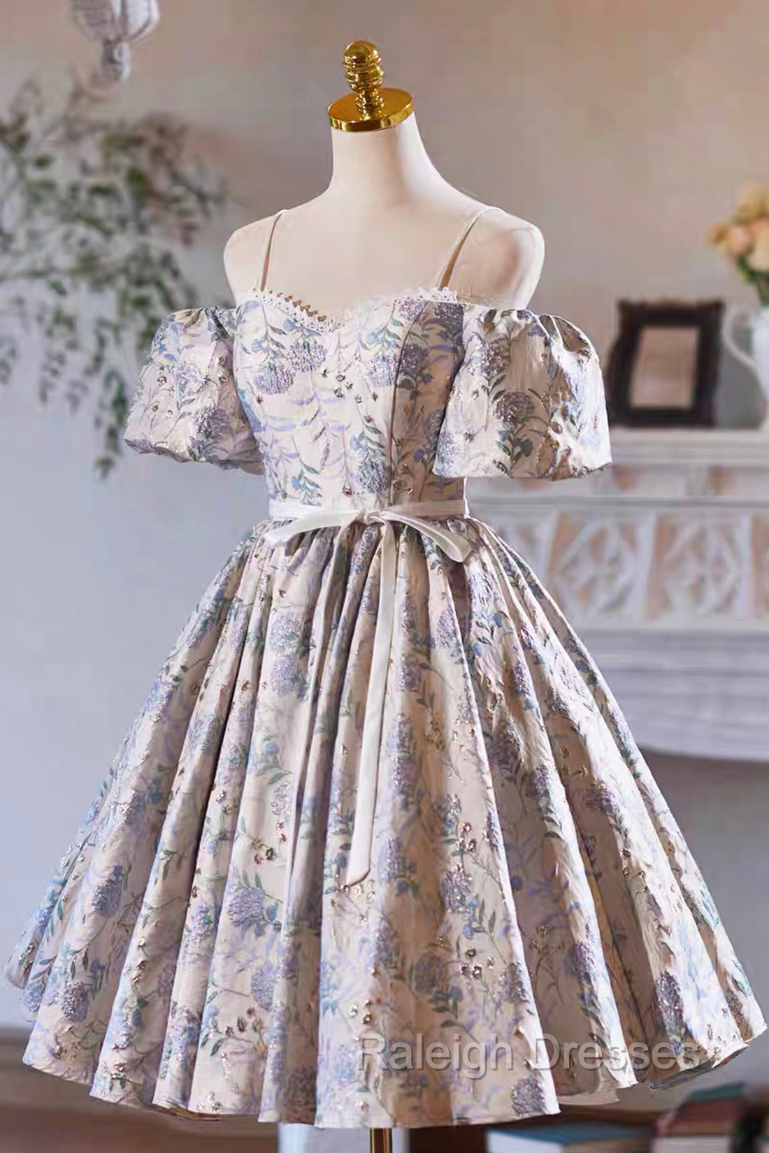 Gray Print Short Prom Dress Dress, Lovely Spaghetti Strap Evening Party Dress Secondary image