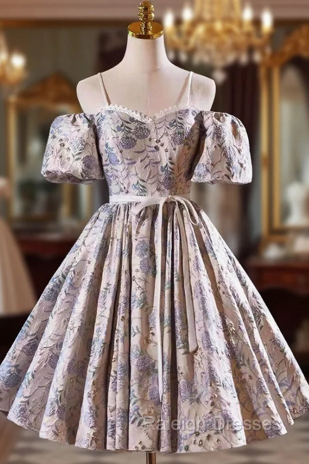 Gray Print Short Prom Dress Dress, Lovely Spaghetti Strap Evening Party Dress Main image