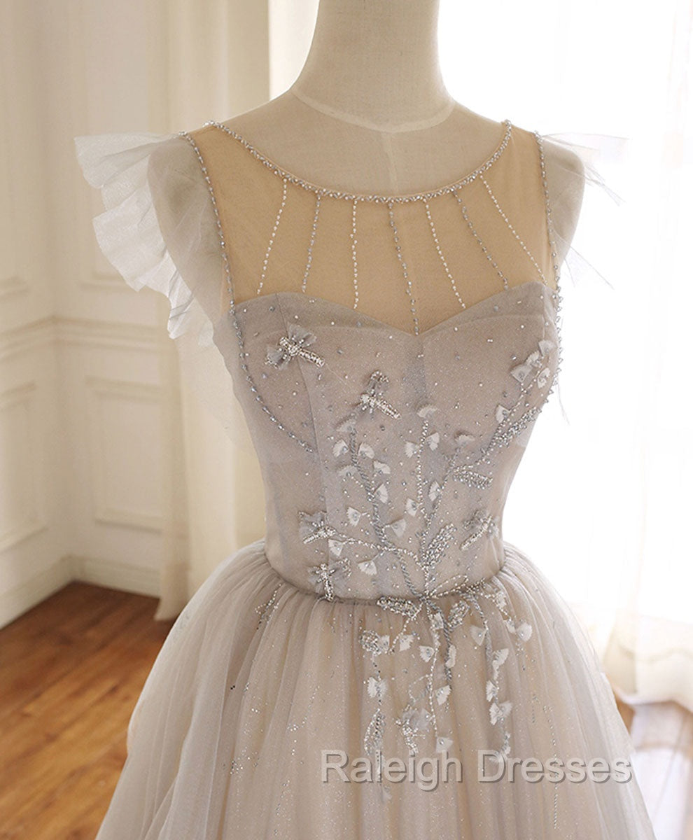 Gray Purple Round Neck Tulle Long Prom Dress, A line Formal Graduation Dress Secondary image