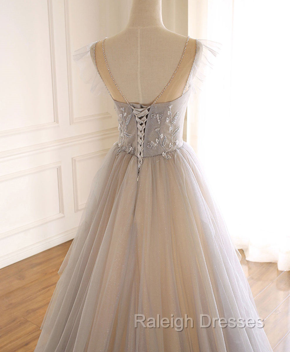Gray Purple Round Neck Tulle Long Prom Dress, A line Formal Graduation Dress