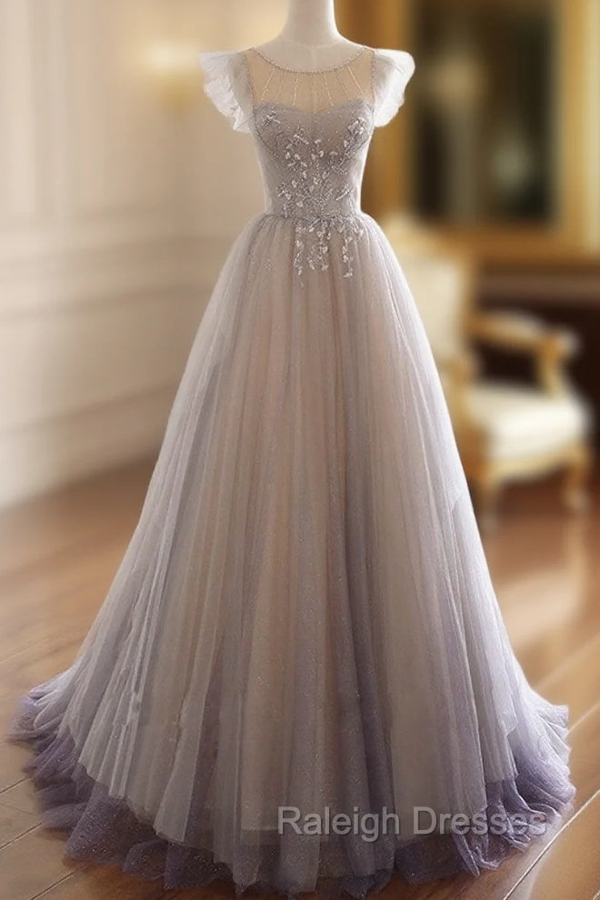 Gray Purple Round Neck Tulle Long Prom Dress, A line Formal Graduation Dress