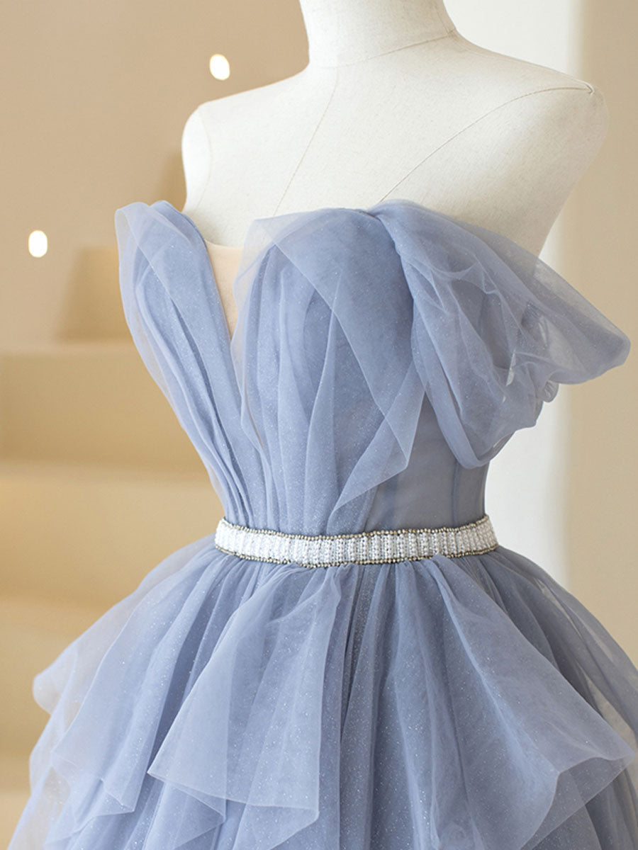 Gray Purple Tulle Long Formal Prom Dress, Purple A Line Prom Dress