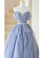 Gray Purple Tulle Long Formal Prom Dress, Purple A Line Prom Dress