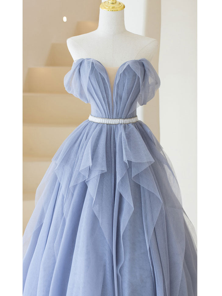 Gray Purple Tulle Long Formal Prom Dress, Purple A Line Prom Dress