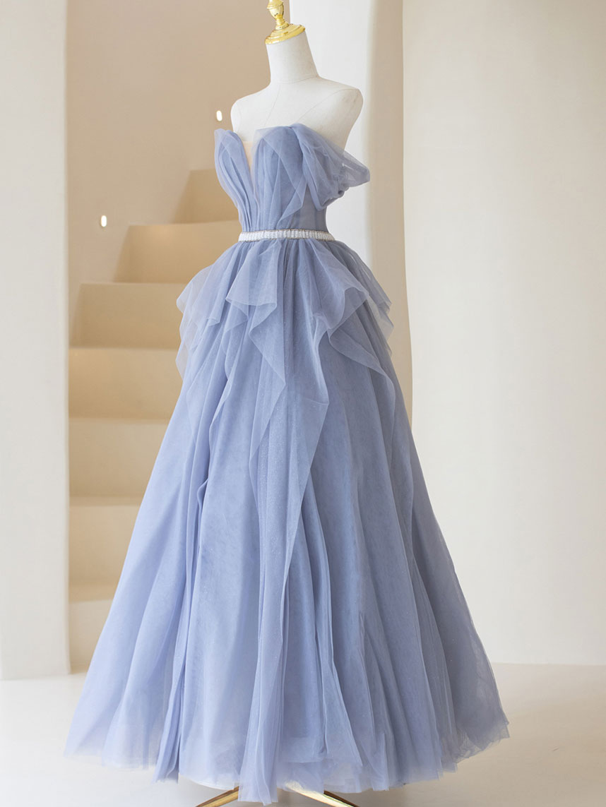 Gray Purple Tulle Long Formal Prom Dress, Purple A Line Prom Dress
