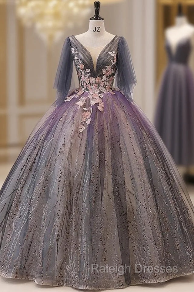 Gray Purple Tulle Sequins Appliques Quinceanera Dress