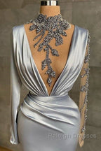 Gray Robe De Soiree Sheath Long Sleeves Beaded See Through Prom Dress Long Prom Gown Prom Dress