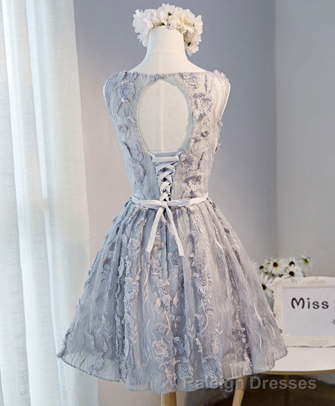 Gray Round Neck Lace Short Prom Dress, Cute Lace Homecoming Dress Secondary image