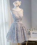 Gray Round Neck Lace Short Prom Dress, Cute Lace Homecoming Dress