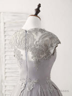 Gray Round Neck Lace Short Prom Dress Gray Bridesmaid Dress