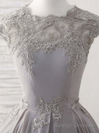 Gray Round Neck Lace Short Prom Dress Gray Bridesmaid Dress