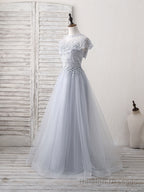 Gray Round Neck Lace Tulle Long Prom Dress, Gray Prom Dress