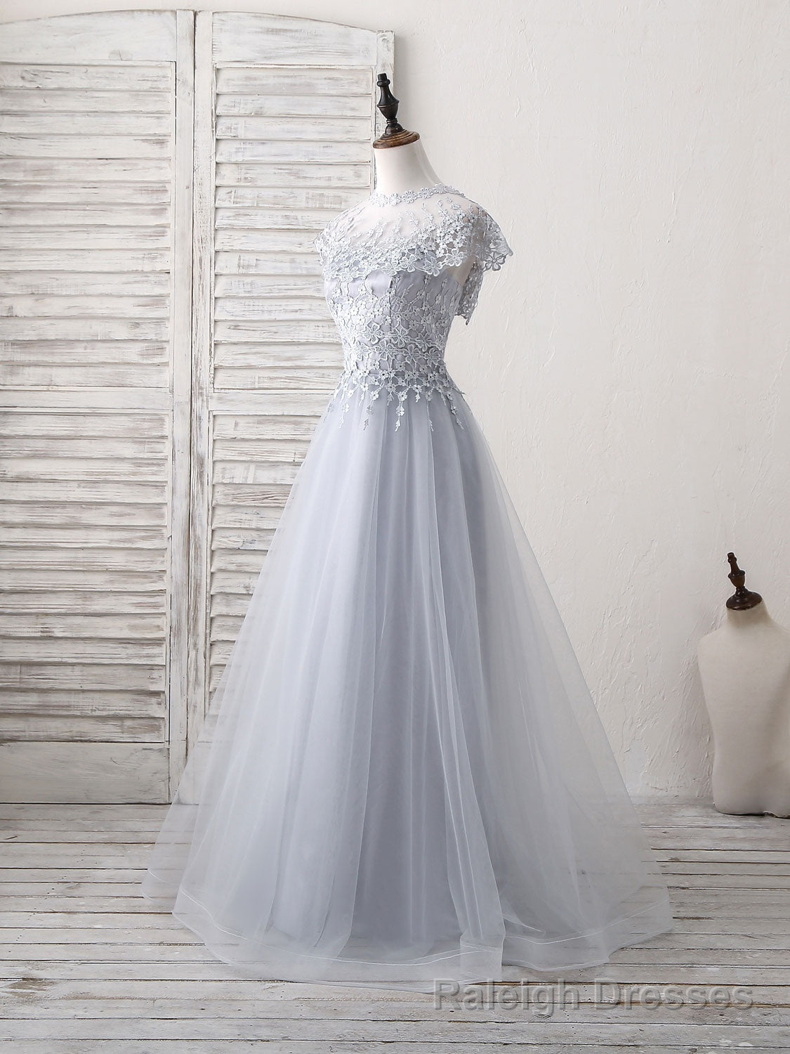 Gray Round Neck Lace Tulle Long Prom Dress, Gray Prom Dress
