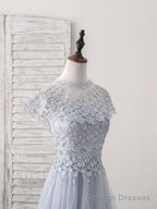 Gray Round Neck Lace Tulle Long Prom Dress, Gray Evening Dress