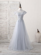 Gray Round Neck Lace Tulle Long Prom Dress, Gray Evening Dress