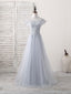Gray Round Neck Lace Tulle Long Prom Dress, Gray Evening Dress