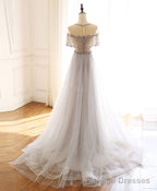 Gray Round Neck Tulle Beads Long Prom Dress Forma Graduation Dresses