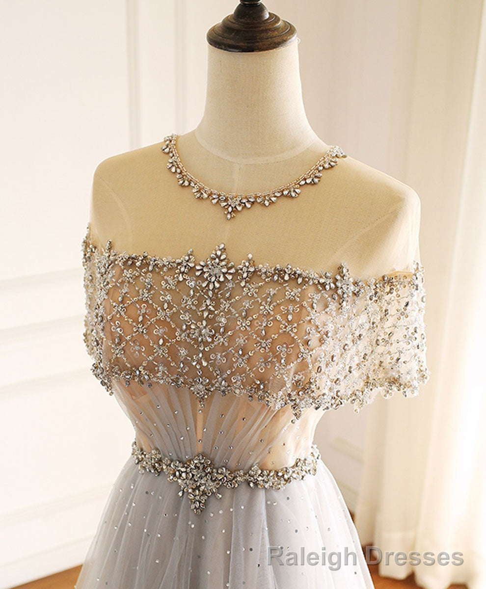 Gray Round Neck Tulle Beads Long Prom Dress Forma Graduation Dresses