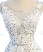 Gray Round Neck Tulle Lace Applique Long Prom Dress