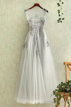 Gray Round Neck Tulle Lace Long Prom Dresses Gray Prom Dresses