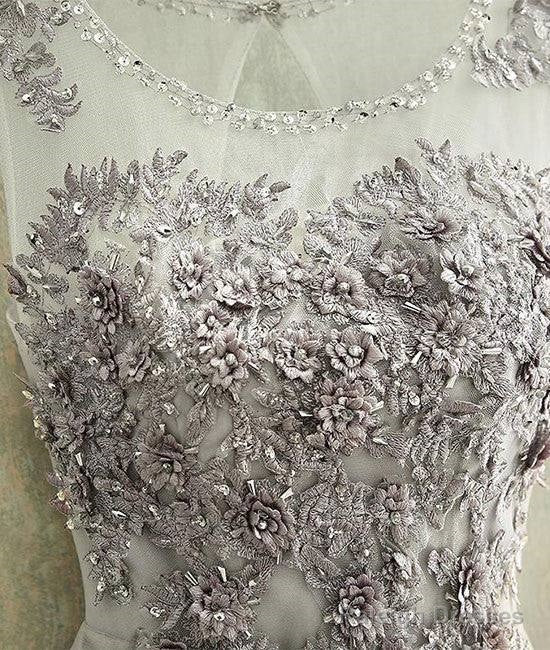 Gray Round Neck Tulle Lace Long Prom Dresses Gray Prom Dresses