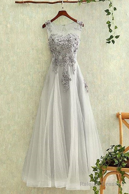 Gray Round Neck Tulle Lace Long Prom Dress, Gray Evening Dress Main image
