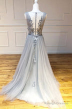 Gray Round Neck Tulle Lace Long Prom Dress Gray Lace Evening Dress