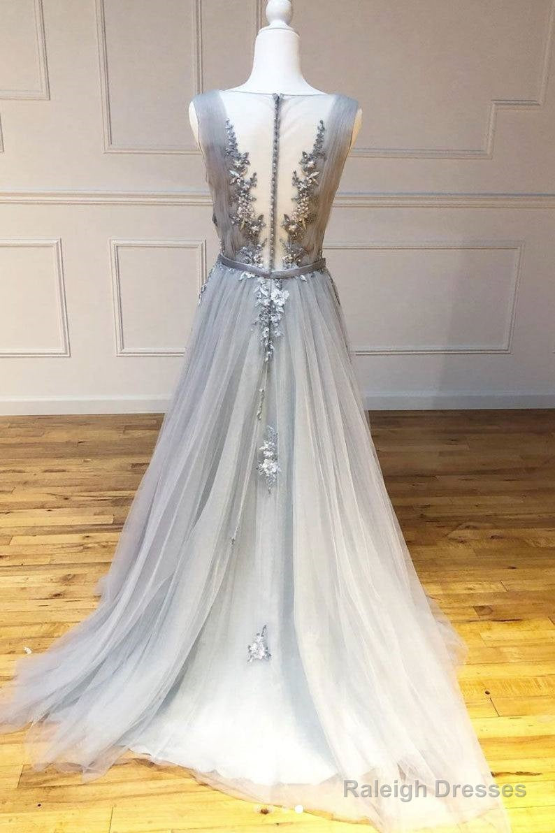 Gray Round Neck Tulle Lace Long Prom Dress Gray Lace Evening Dress