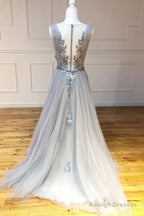 Gray Round Neck Tulle Lace Prom Dresses Long Gray Lace Prom Dresses