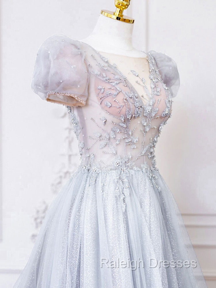 Gray Round Neck Tulle Lace Long Prom Dress, Gray Tulle Evening Dress Secondary image