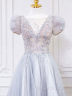 Gray Round Neck Tulle Lace Long Prom Dress, Gray Tulle Prom Dress