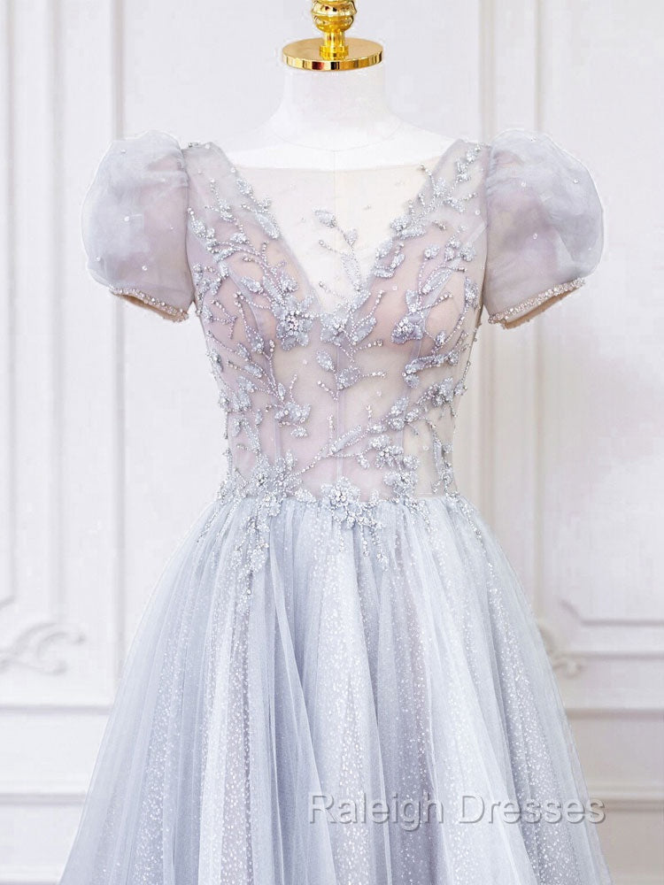 Gray Round Neck Tulle Lace Long Prom Dress, Gray Tulle Prom Dress