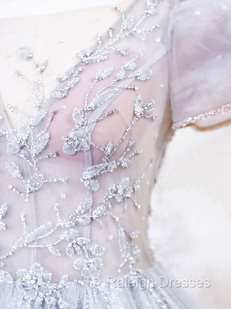 Gray Round Neck Tulle Lace Long Prom Dress, Gray Tulle Evening Dress