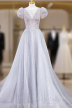 Gray Round Neck Tulle Lace Long Prom Dress, Gray Tulle Prom Dress