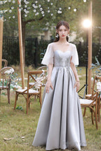 Gray Saitn Lace Long Prom Dress, A-Line Evening Dress