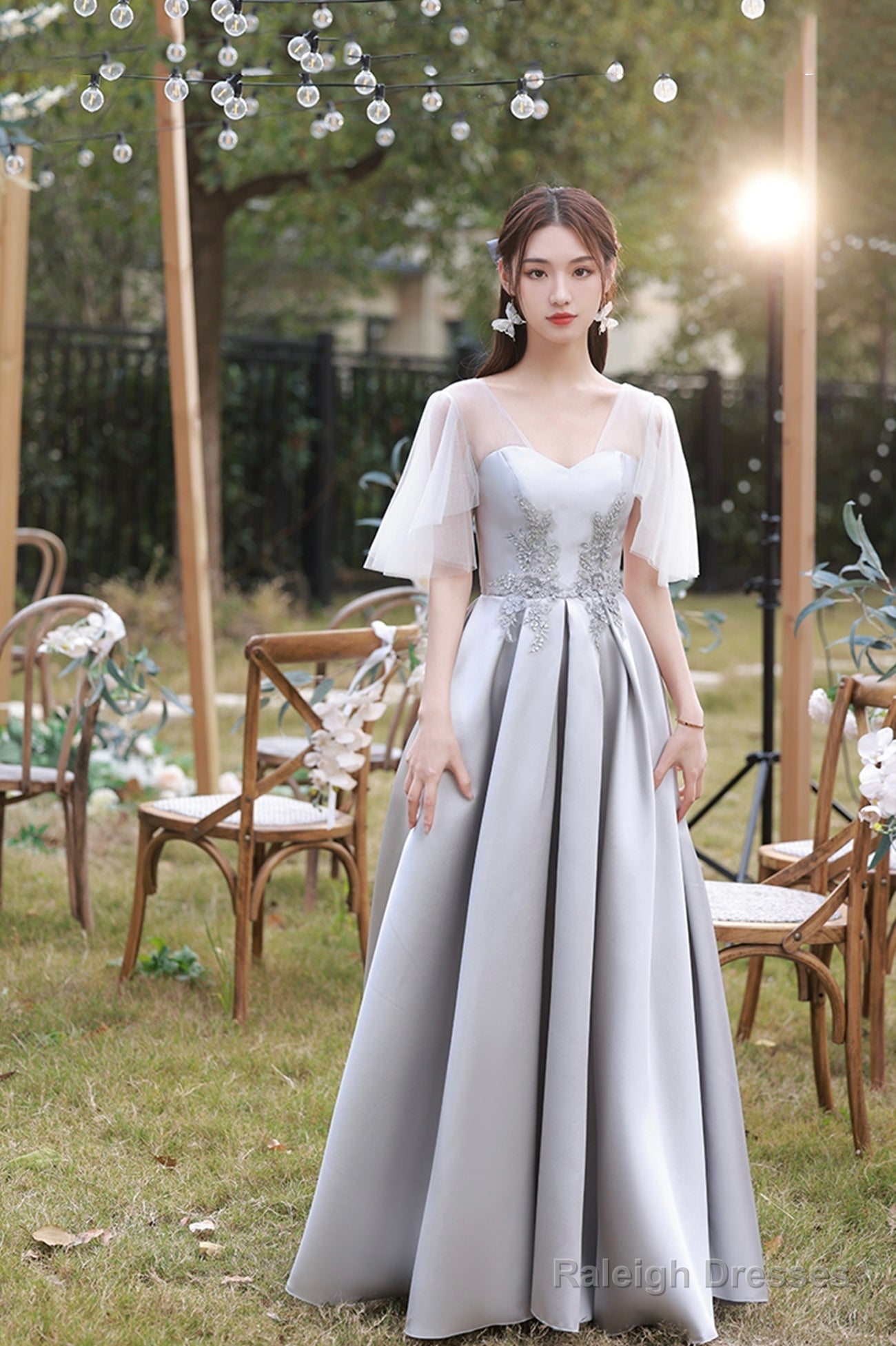 Gray Saitn Lace Long Prom Dresses A-Line Prom Dresses
