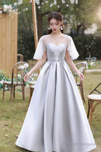 Gray Saitn Lace Long Prom Dress, A-Line Evening Dress