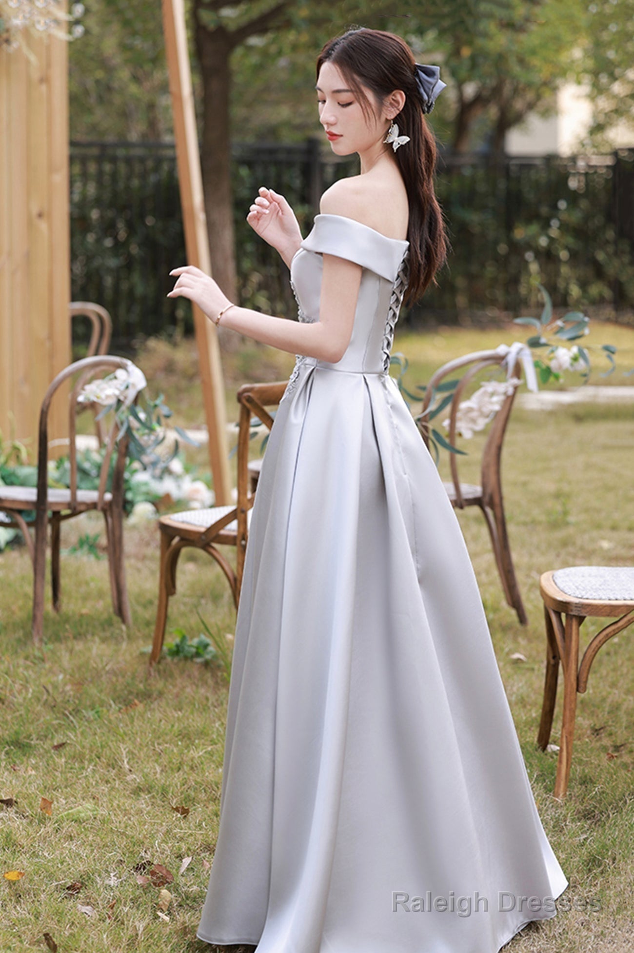 Gray Saitn Lace Long Prom Dresses A-Line Prom Dresses