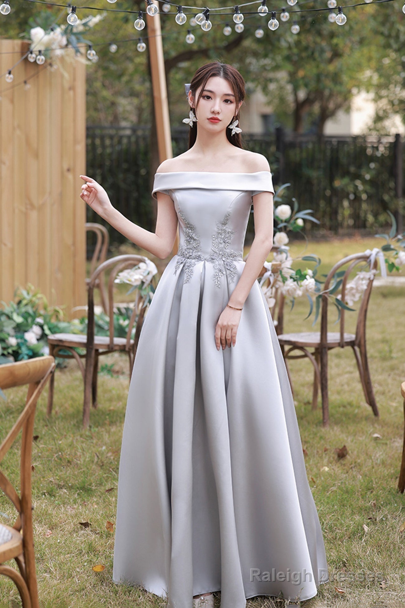 Gray Saitn Lace Long Prom Dress, A-Line Evening Dress Main image