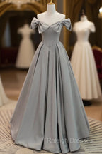 Gray Satin Floor Length Formal Dress with Pearls, Cute A Line Prom Dress