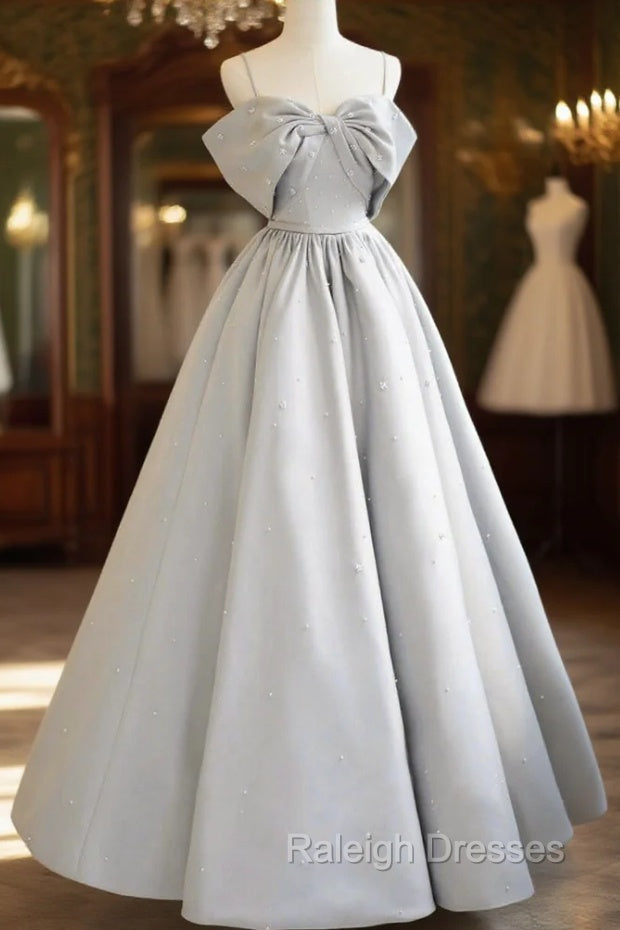 Gray Satin Long Prom Dress, A Line Spaghetti Straps Prom Graduation Dress Main image