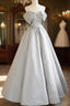 Gray Satin Long Prom Dress, A Line Spaghetti Straps Prom Graduation Dress