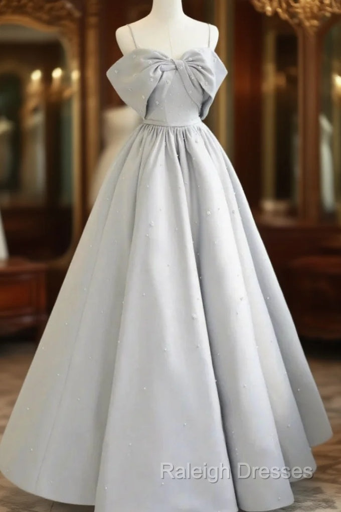 Gray Satin Spaghetti Straps Pearls Prom Dress