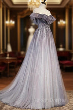 Gray Scoop Neckline Tulle Long Formal Dress, A-Line Evening Graduation Dress