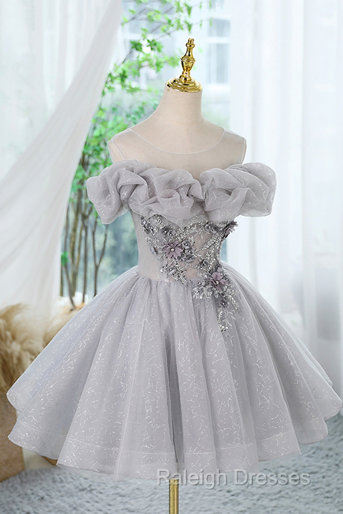 Gray Scoop Neckline Tulle Sequins Short Prom Dress, A-Line Off The Shoulder Evening Party Dress Secondary image